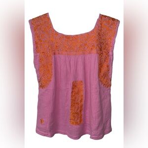 J.Marie Top Shirt Blouse XS XSmall Boho Orange Pink Embroidered Cotton Lined
